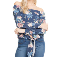 Print Front Tie Off Shoulder Top
