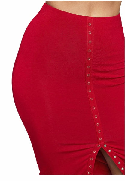 Red Snap Tape Midi Skirt