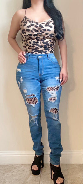 Denim Patches Leopard Jeans